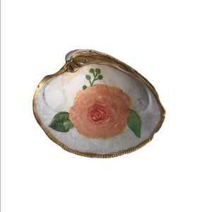 Clam Shell Ring Earrings trinket holder with pink flower and painted gold trim